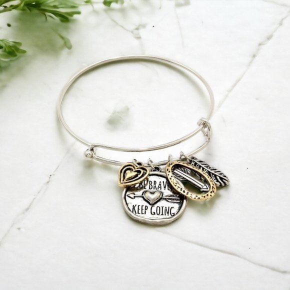 Silvertone Be Brave Keep Going Charm Metal Wire Bangle Bracelet - Picture 1 of 2